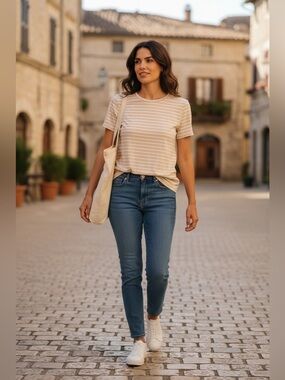 Alex Marie Cream & White Striped Short Sleeve Top